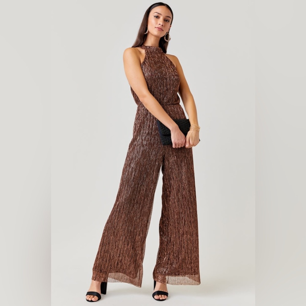 NWT Francesca’s Valerie Shimmer Jumpsuit Brown XS